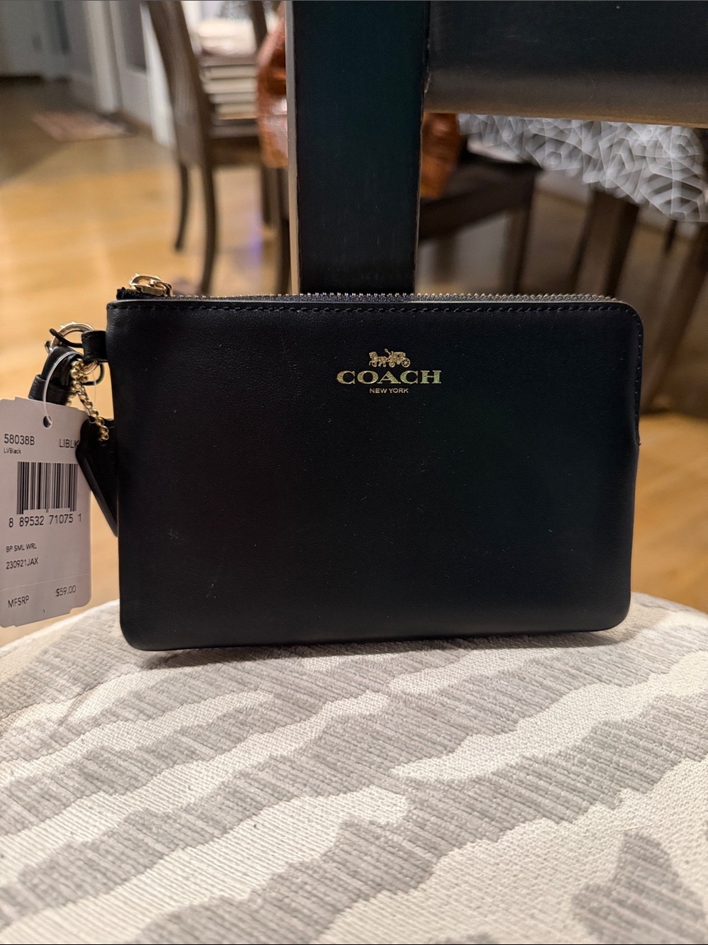 Coach Black Leather Zip Wristlet with Gold Logo NWT